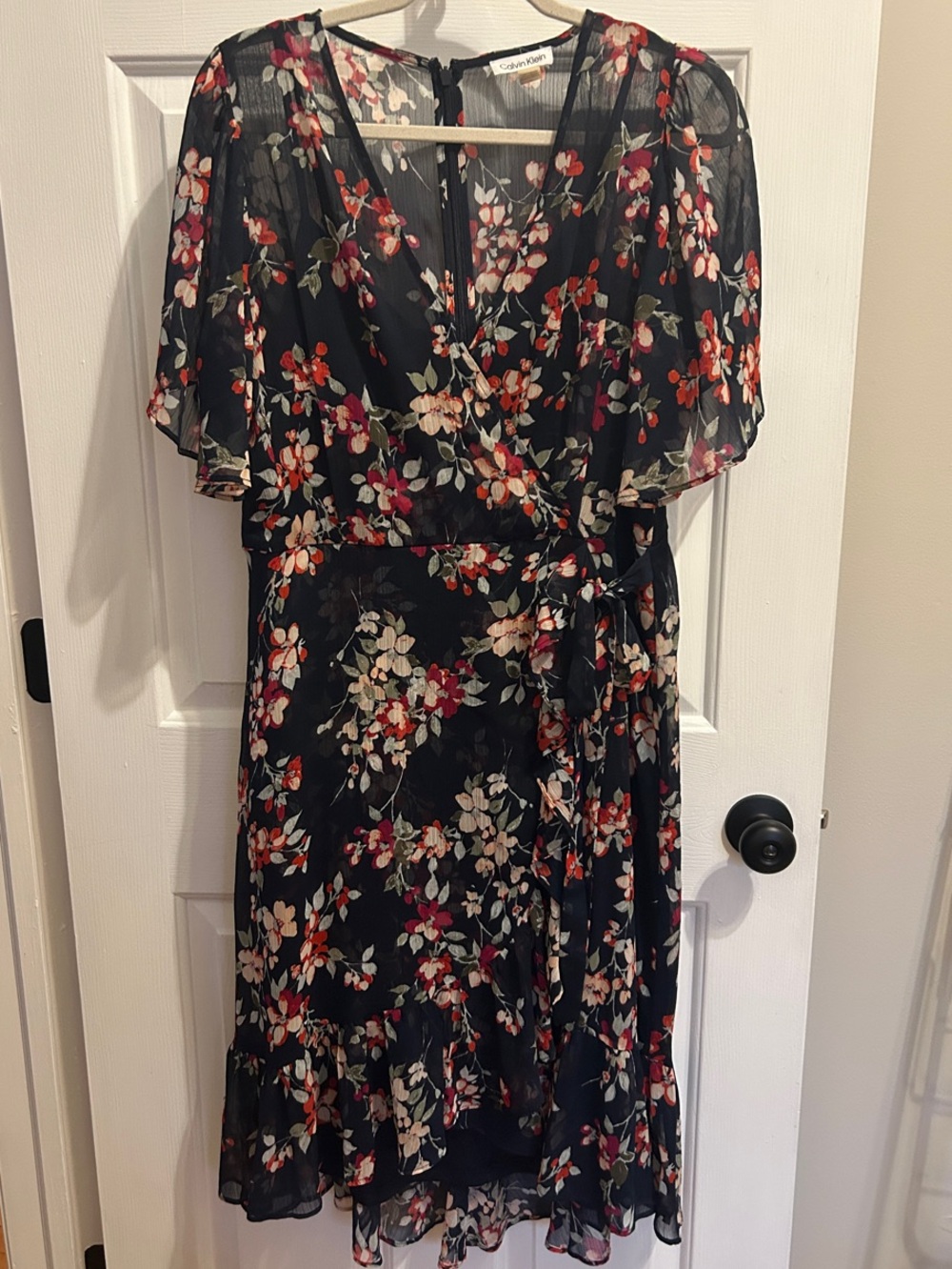 Calvin Klein Navy Blue Floral Wrap Dress with Red & Cream Blooms
